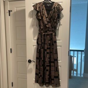 Donna Ricco Black Brown and Bronze Mock Wrap Maxi Dress with V-Neck